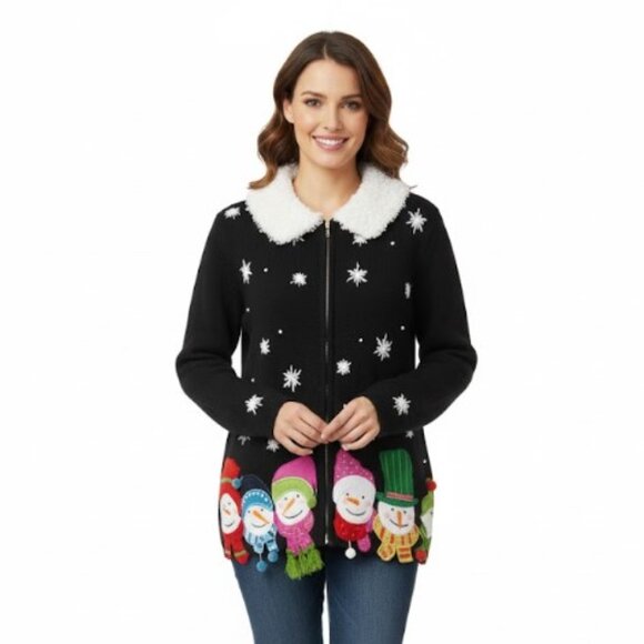 Snowman Christmas Cardigan Vintage 80s Holiday Sweater All Points Size M - Picture 1 of 9